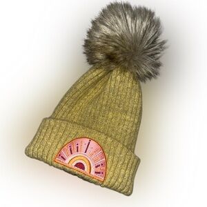 Kids Virginia Wolf Pom Pom Beanie with Rainbow Patch